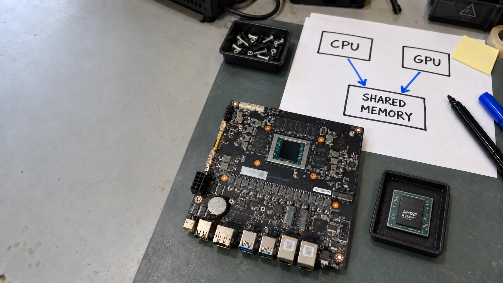 A Cerebrum mainboard and an AMD Ryzen AI chip beside a sketch showing CPU and GPU sharing one memory