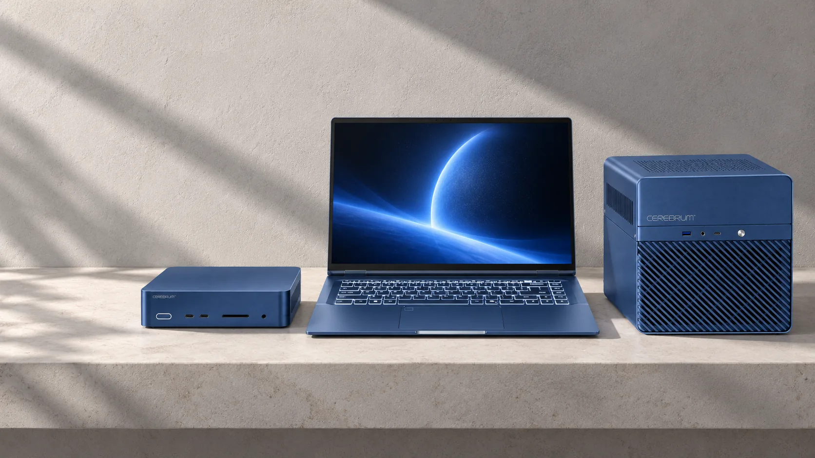 The Cerebrum family on a stone shelf: the compact Workstation, the Notebook PRO and the Vault