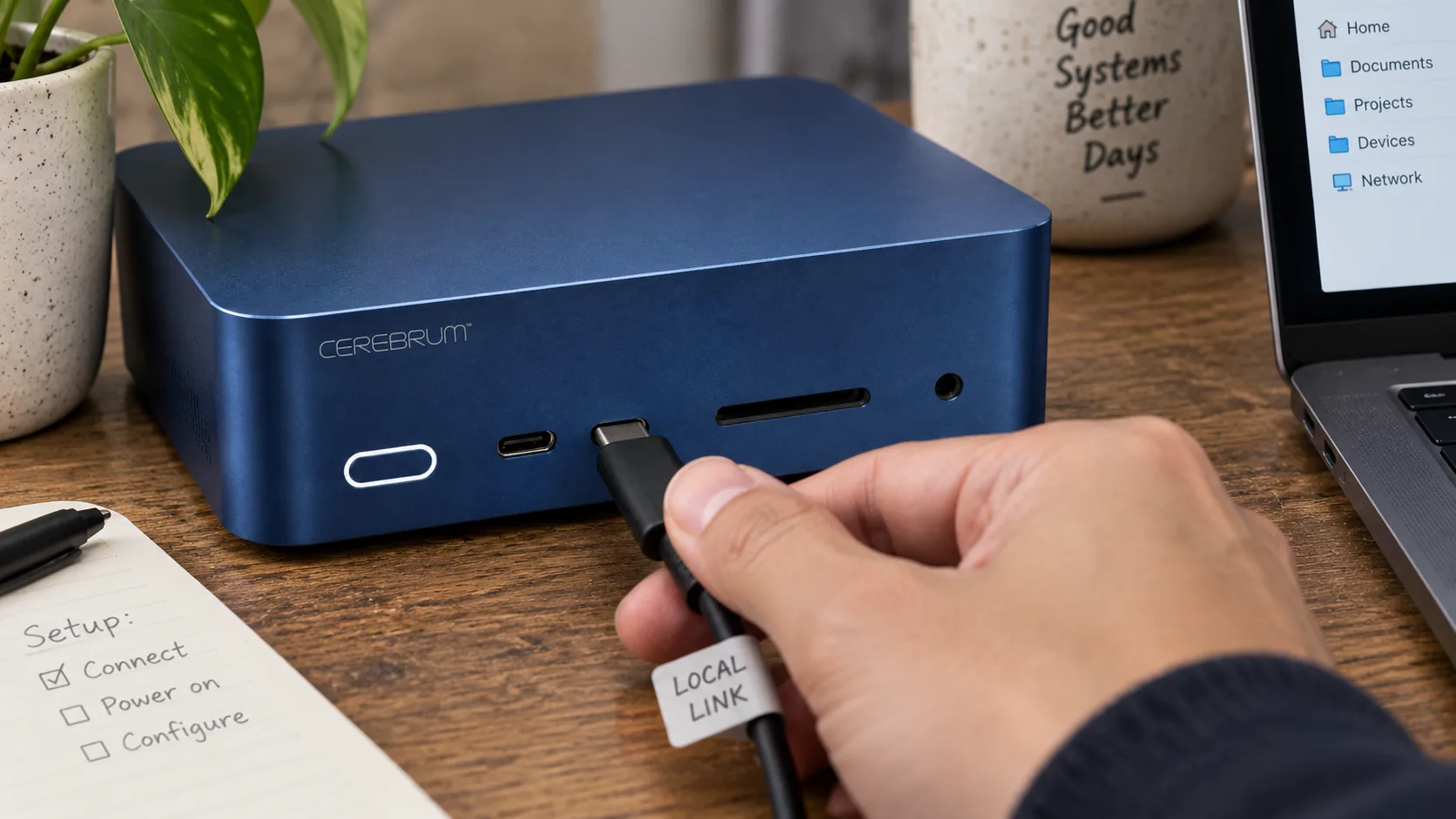 A hand plugging a cable labelled Local Link into the front of a Cerebrum workstation, next to a setup checklist