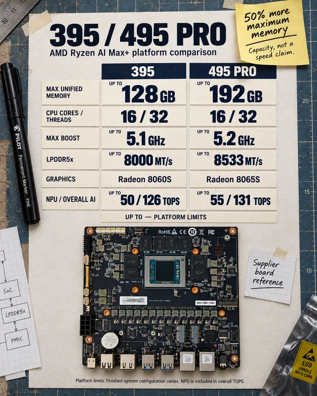 Poster comparing the 395 and 495 PRO platforms: memory, cores, boost clock, memory speed, graphics and AI TOPS