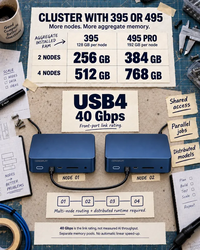 Poster showing two Cerebrum workstations linked over USB4 for more aggregate memory, with the limits noted