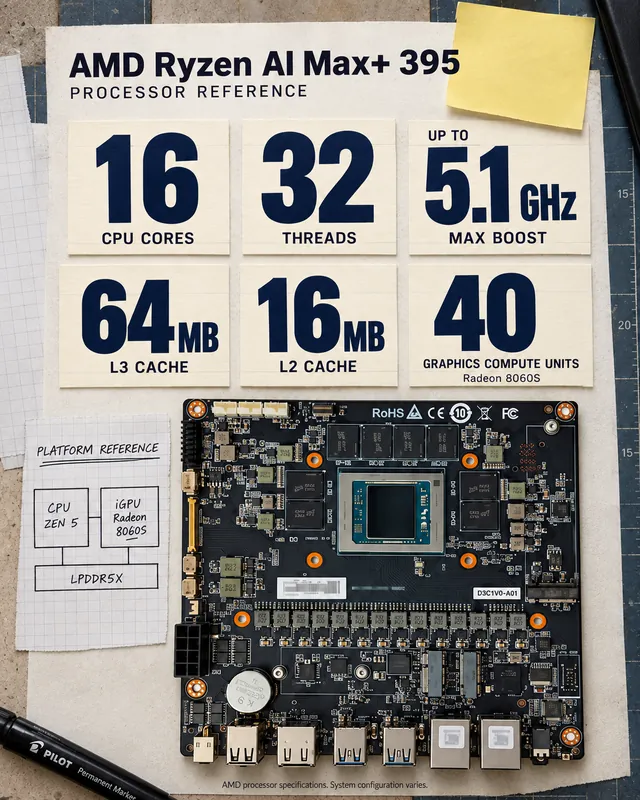 Poster of the AMD Ryzen AI Max+ 395: 16 cores, 32 threads, up to 5.1 GHz, caches and 40 graphics compute units