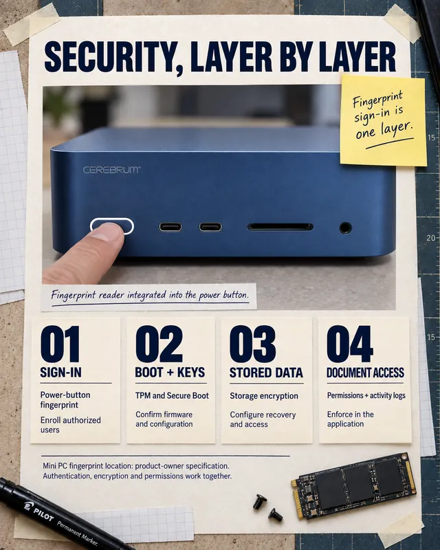 Poster of the security layers: fingerprint sign-in, TPM and Secure Boot, storage encryption, permissions and activity logs